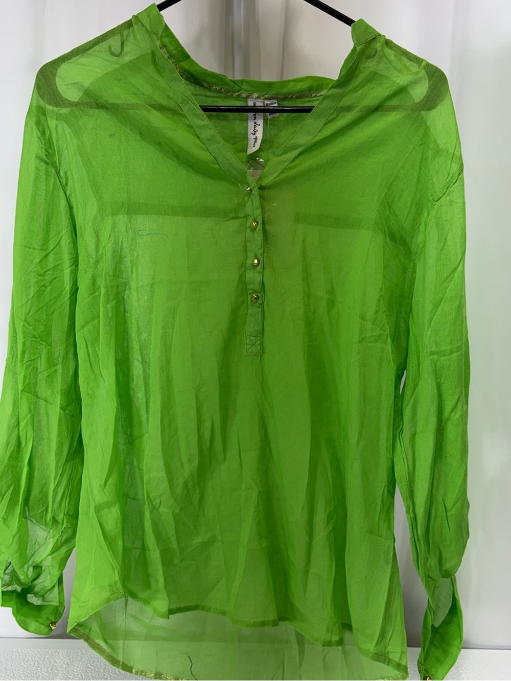 Sheer Lime Green Henley Blouse with Gold Buttons 1814